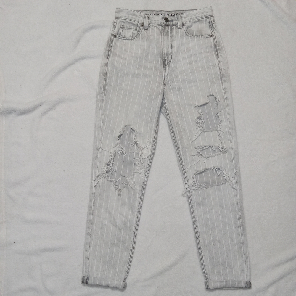 American Eagle Outfitters High-Rise Pinstripe Distressed Jeans - Light Gray
